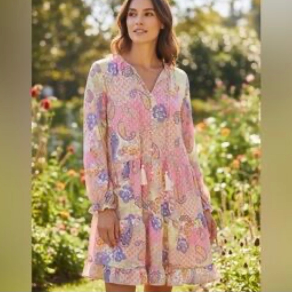 Grace + Karma Women's Boho Paisley Print Tiered Dress Pink And White Size Large